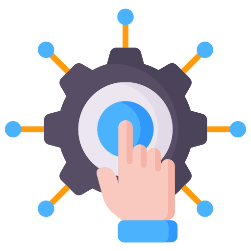 Gear icon containing digital circuitry representing AI and automation technology