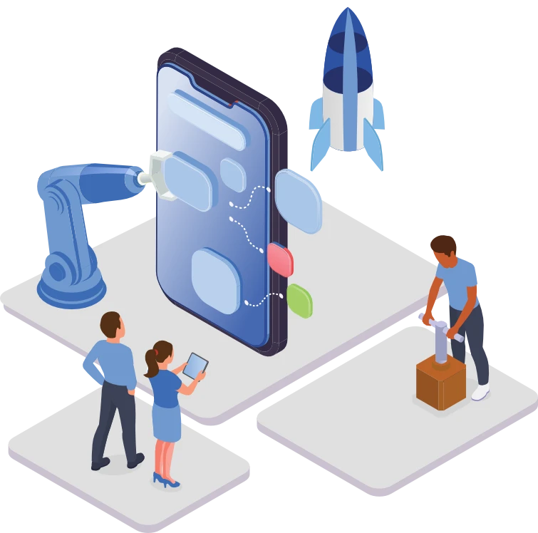 Isometric illustration of a mobile app development process featuring a rocket, robotic arm, and UI design elements