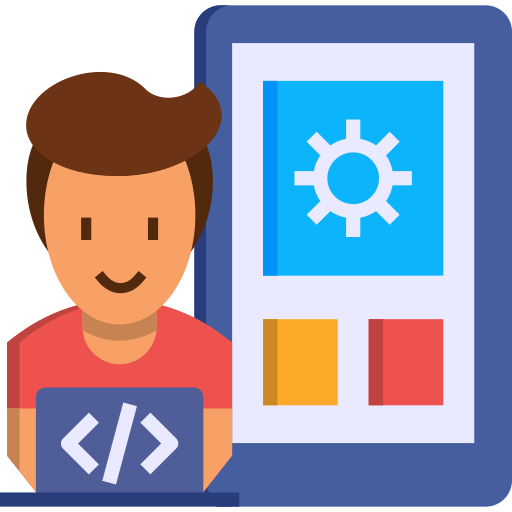 Smartphone with app interface icons representing iOS and Android development