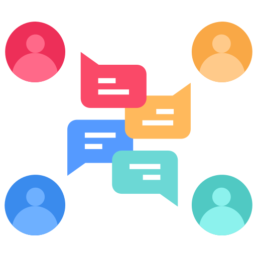 Icon of diverse people in a circle with a speech bubble representing open communication